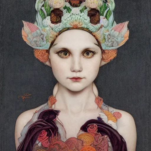 Image similar to white cat, botanical, portrait face, colorful, frantisek kupka, intricate, miles johnston, kuroda seiki, cynical realism, ozabu, john william godward, painterly, yoshitaka amano, moebius, miles johnston, louise zhang, james jean, mark ryden lowbrow pop surrealism art style