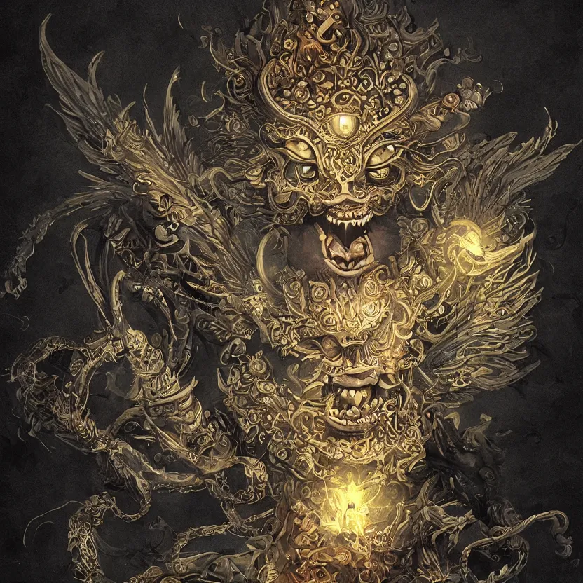 Prompt: barong the balinese demon glowing with magical fairy dust. whimsical fantasy art. award winning painting. highly detailed digital art. high contrast. dark background. beautiful composition. masterpiece. trending on artstation