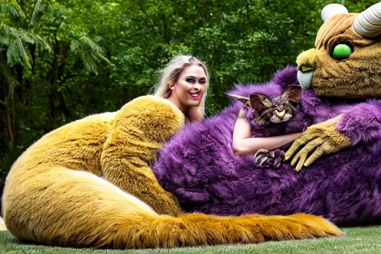 Image similar to Giant monster loafing in the backyard. Brown and purple fur, yellow claws and teeth, green eyes, curled horns, relaxed demeanor. A young couple relaxes next to the monster, snuggled up to its fur.