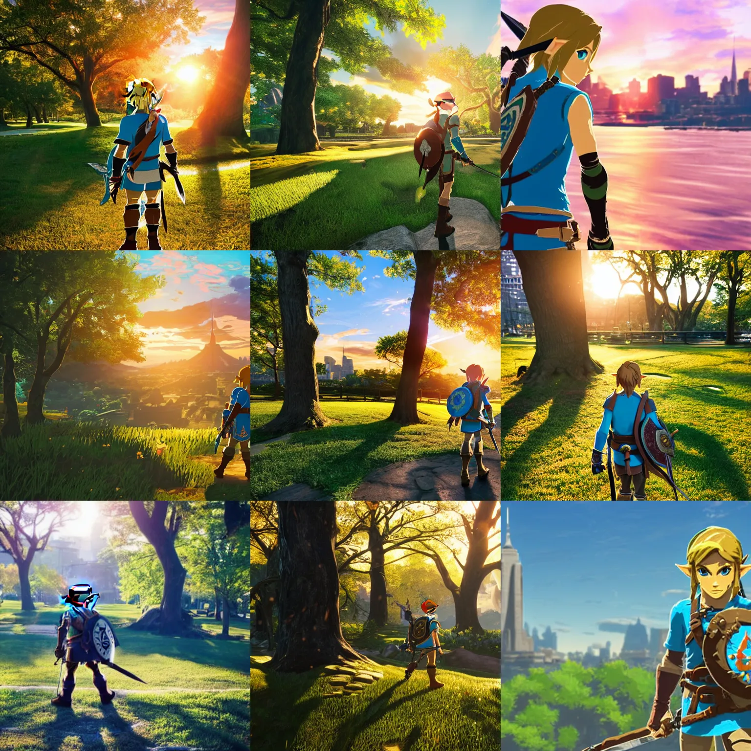 Prompt: photo of link from breath of the wild taking a walk in New York city in a park during golden hour sunlight