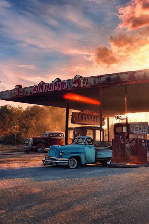 Image similar to a sunset light landscape with historical route 6 6, lots of sparkling details and sun ray ’ s, blinding backlight, smoke, volumetric lighting, colorful, octane, 3 5 mm, abandoned gas station, old rusty pickup - truck, beautiful epic colored reflections, very colorful heavenly, softlight