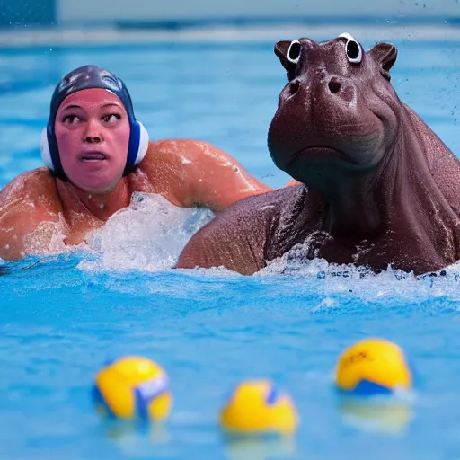 Prompt: hippopotamuses playing water polo against athletes. sports photograph.
