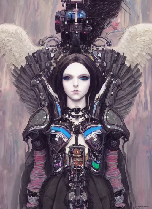 Prompt: portrait of cute beautiful young goth angel cyborg maiden, cyberpunk, Warhammer 40000, gothic, highly detailed, artstation, illustration, art by Gustav Klimt and Range Murata