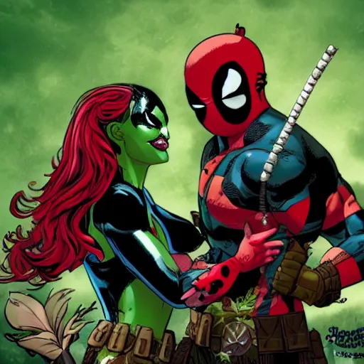 Image similar to deadpool, poison ivy, venom, marvel, dc, comic book panels, epic, 8k, cinematic,