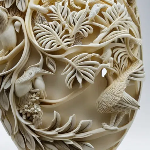 Image similar to a intricate ivory carving sculpture with birds and lemons and jungle leaves, ornate, complex, highly detailed, fine detail