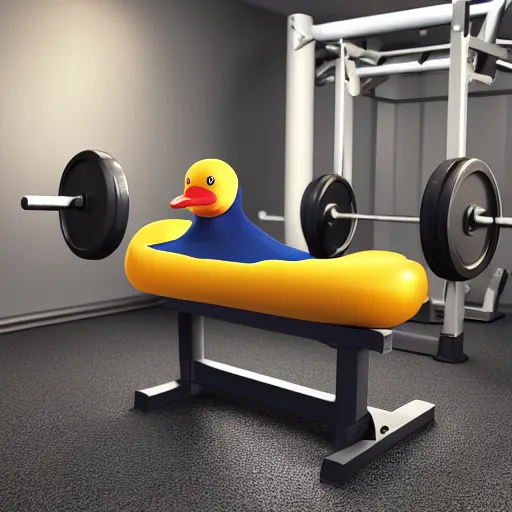 Prompt: 3d render of a rubber duck using a bench press