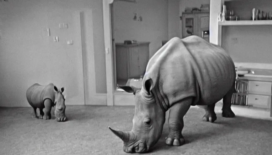 Prompt: a rhinoceros in a grandma kitchen, by mini dv camera, very very low quality, heavy grain, very blurry, accidental flash, webcam footage, found footage, security cam, caught on trail cam