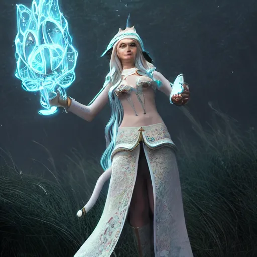 Image similar to a highly detailed elf in full length, with white long hair, white clothes, bright blue eyes, artstation, DeviantArt, professional, octane render