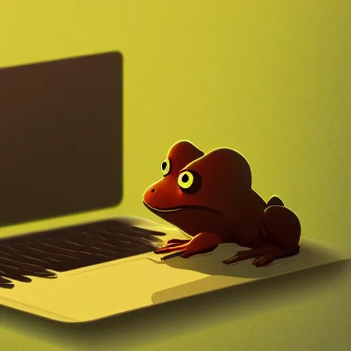 Image similar to toad, in front of a laptop, james gilleard, ilya kuvshinov, very detailed, matte, gaussian blur, tone mapped