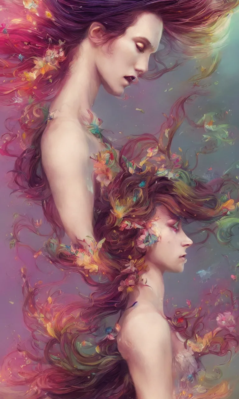 Prompt: a colorful and provenance illustrations painting of the fantasy female with a floral wings, detailed, highly detailed, her hair made of hair made of air wind and curling smoke, mist, dust, genie, spirit fantasy concept art ， art by charlie bowater and greg rutkowski, trending on artstation.