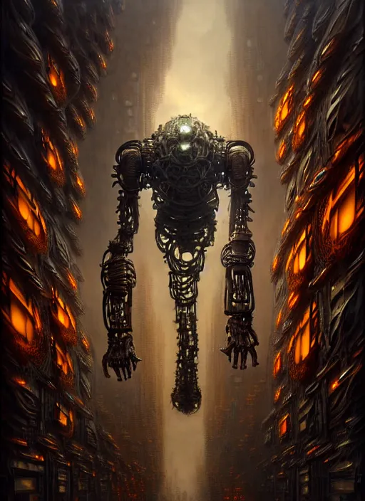 Image similar to A photorealistic 3d render of a robot monster cyborg made of circuits wide view shot by ellen jewett , tomasz alen kopera and Justin Gerard symmetrical features, ominous, magical realism, texture, intricate, ornate, royally decorated, android format, windows, many doors, roofs, complete house , whirling smoke, embers, red adornments, red torn fabric, radiant colors, fantasy, trending on artstation, volumetric lighting, micro details, 3d sculpture, ray tracing, 8k