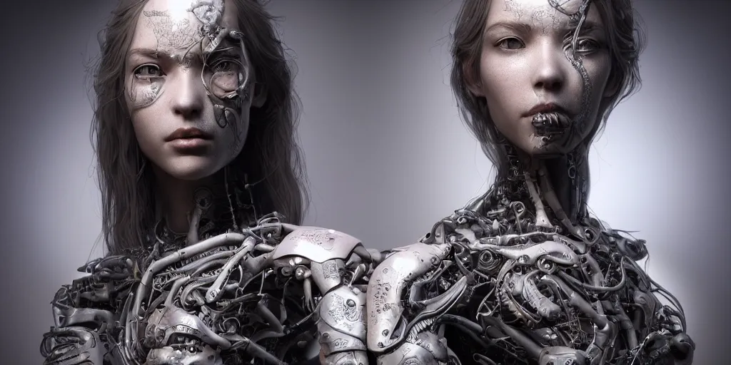 Image similar to photorealistic gorgeous symmetrical female cyborg, holding intimately, holding hands, highly detailed, arms, back, intricate, in the style of beth cavener, jin kagetsu, wlop, masterpiece, concept art, high key lighting, ambient lighting, octane render, 8 k, artstation