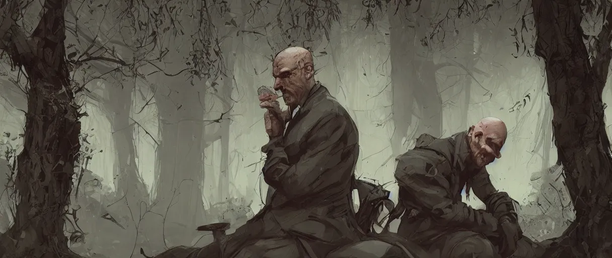 Image similar to comic noir illustration 3 / 4 portrait of bald merchant without beard and without hat. demonic stare. medieval clothes with coin pouches. brown tunic. sitting below willow tree in a foggy evening by sachin teng and sergey kolesov and ruan jia and heng z. graffiti art, scifi, fantasy, hyper detailed. octane render. concept art. trending on artstation