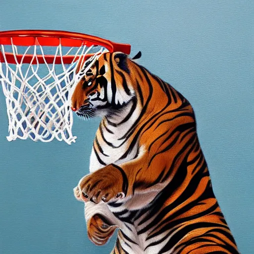 Image similar to an oil painting of a tiger dunking a basketball over Shaq Trending on Artstation, featured on Behance, well-rendered, fine detail, extra crisp image, Unreal Engine, 4K HD