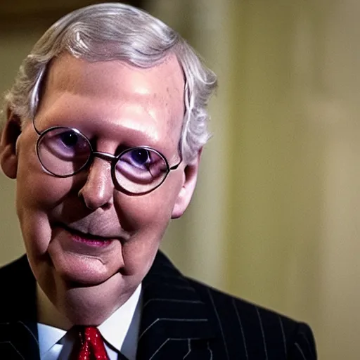 Image similar to the melting slimy face of villain mitch mcconnell. horror film photograph.