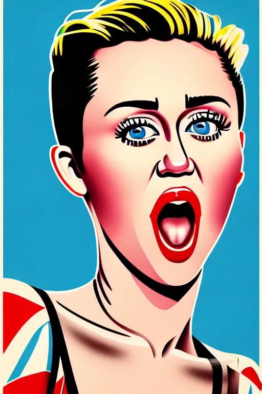 Prompt: propaganda poster, miley cyrus, close up, portrait, shouting