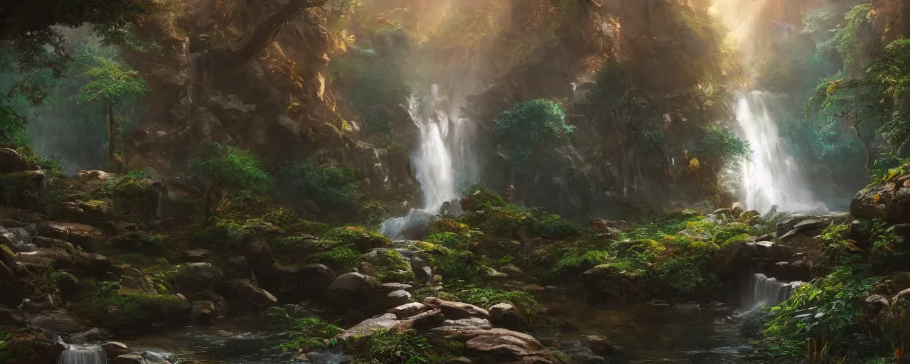 Image similar to secret waterfall in forrest, beautiful dynamic lighting, cinematic, wide angle establishing shot, extremely high detail, photo realistic, cinematic lighting, post processed, concept art, artstation, matte painting, style by frederic church, raphael lacoste, unreal engine 8 k