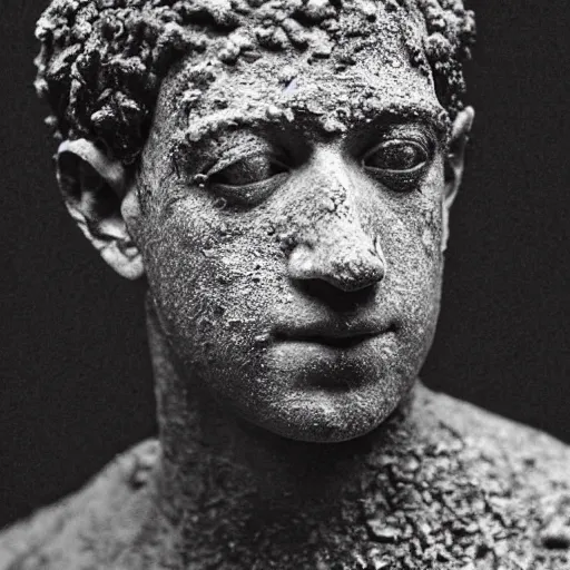 Image similar to Award-winning photograph by Mar Mann. The photo depicts a decaying roman bust of Mark Zuckerberg overgrown with moss at the bottom of the sea in the middle of ruins of civilization. Minimalism, high definition, perfect composition. Deep sea picture. Very dark. Volumetric Lighting. Fish. Darkness. Ruins