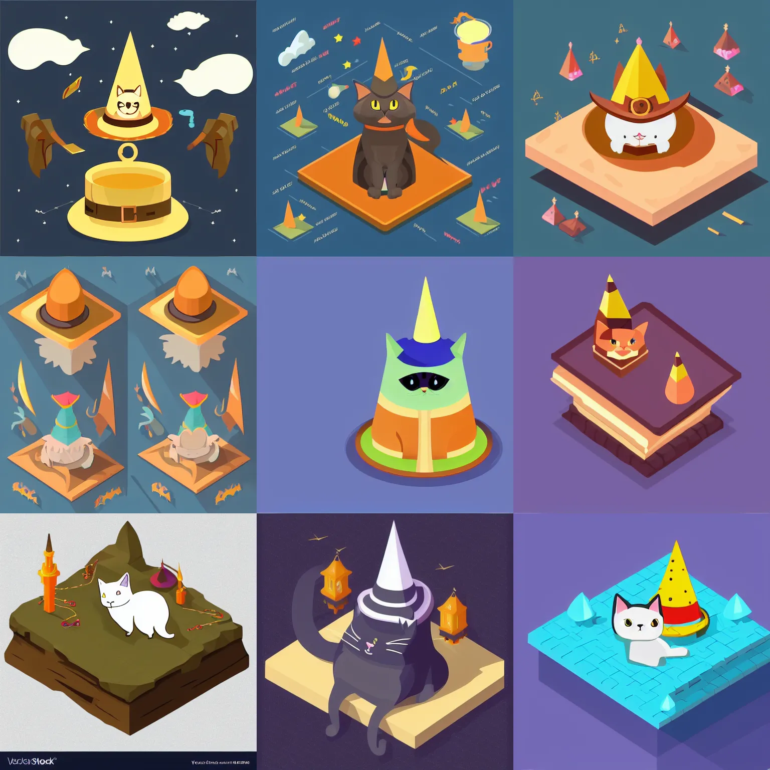 Prompt: a detailed isometric flat design vector illustration of an adorable occult magic cat with a wizard hat that is on a plateau in the style of medieval fantasy