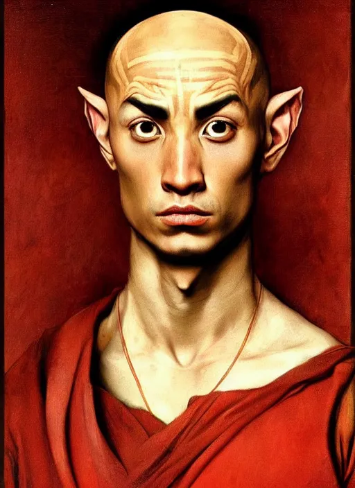 Prompt: a portrait of avatar aang in the style of a renaissance painting, insane detail, chiaroscuro oil painting, jan matejko, caravaggio, jan van eyck, trending on artstation, artgerm