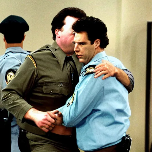 Image similar to George Costanza being arrested by Kramer on an episode of Seinfeld