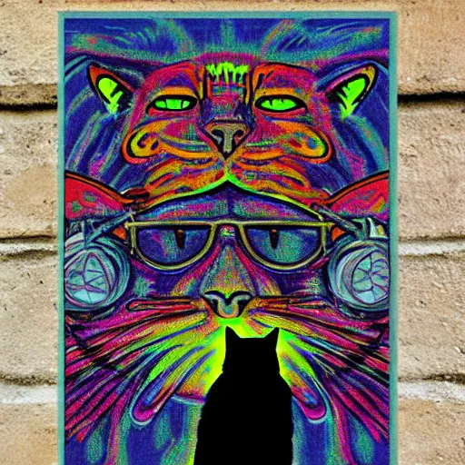 Prompt: dmitri the black cat stalks the exclusion zone lsd poster psychedelic