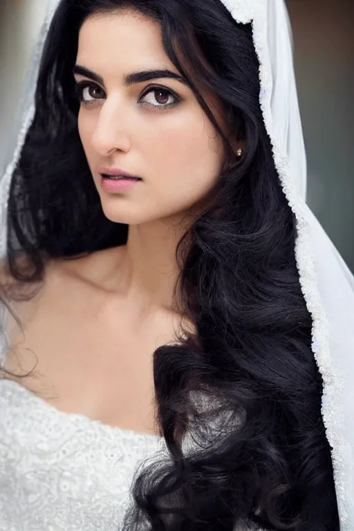 Image similar to Ameera al-Taweel, blue eyes, long wavy black hair, white veil, closeup, focus face