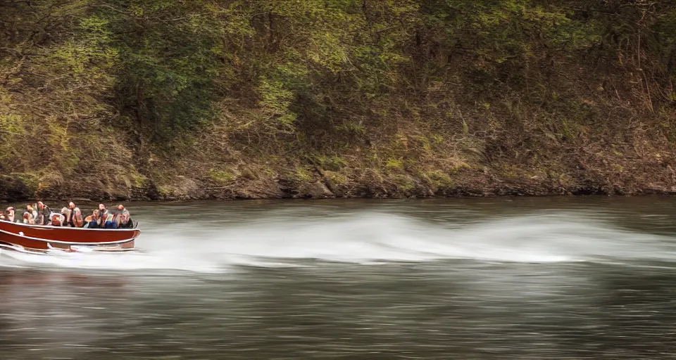 Image similar to a speedboat designed like a viking ship sailing down a river, f / 2. 8, motion blur