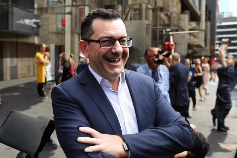 Image similar to Premier Daniel Andrews smiles as Melbourne city burns to the ground