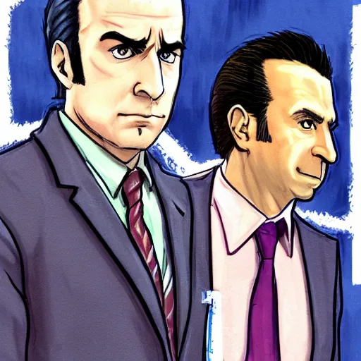 Image similar to phoenix wright and saul goodman, courtroom sketch