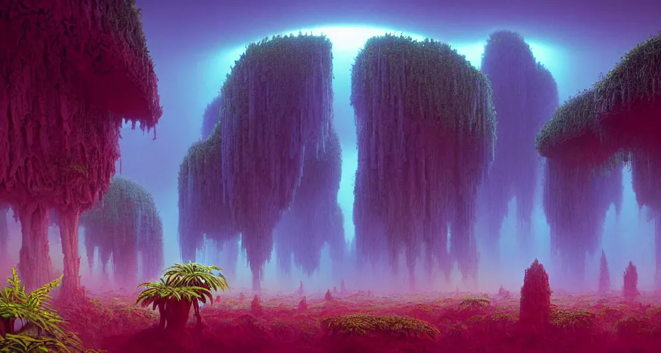 Prompt: lush garden of eden dramatic perspective organic 3 d fractal vapourware colours a minimalist cinematic scifi with giant bright translucent bioluminescent microscopy, gigantic pillars, maschinen krieger, beeple, the matrix, star wars, ilm, star citizen, mass effect, oil painting by donato giancola, chris foss, warm coloured, artstation, atmospheric perspective