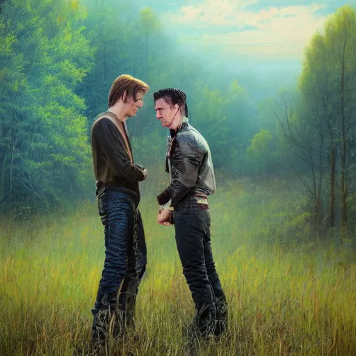 Image similar to david bowie and trent reznor are in a beautiful meadow in love and happy. gay male couple. from the television show merlin ( 2 0 0 8 ). ; high - detailed oil painting by igor sychev and mark keathley trending on artstation, masterpiece, 4 k