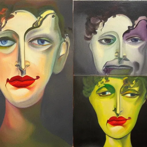 Prompt: A painting of multiple personalities in the style of Raoul Hausmann