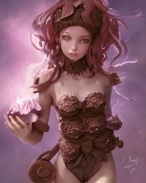 Image similar to a ( girl as personification of chocolate cupcake ), fantasy bakery, digital art by artgerm, krenz cushart, laurie greasly, wlop, intricate, ( highly detailed figure ), sharp focus, smooth, epic composition, unreal engine