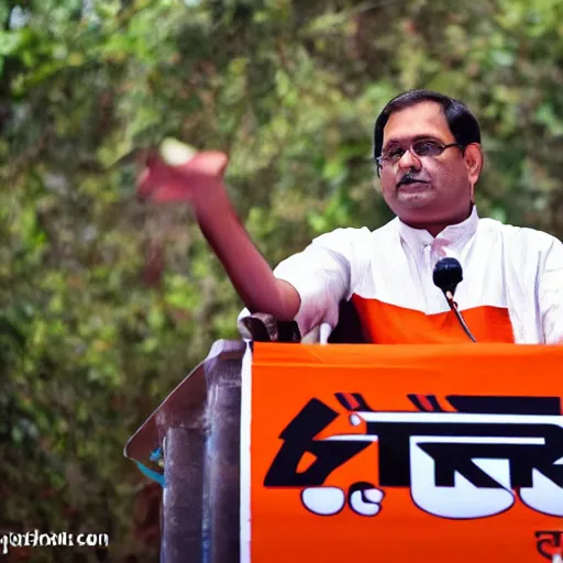 Prompt: cat sitting over a podium on stage addressing bjp karyakarta, ani, sony a 7 r