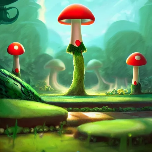 Image similar to mushroom kingdom from mario, digital art, giant green and white spotted mushrooms, at night, exotic flowers and plants, sprites, irina french, cinematic lighting, heraldo ortega, mandy jurgens trending on artstation 8 k 1 5 0 mpx