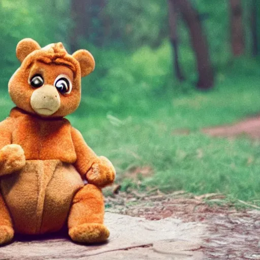 Image similar to candid photo of Teddy Ruxpin in the woods, sitting on the porcelain throne, playing with fire by Annie Leibowitz, photorealisitc, extremely detailed