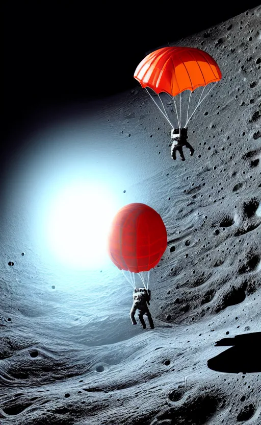 Prompt: highly detailed painting of a man just landed on moon with parachute, moon craters, award winning masterpiece art, hyper realistic, concept art, 8 k detail post - processing