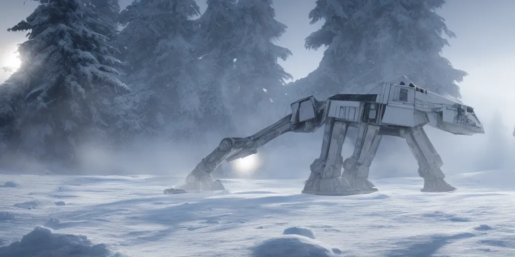 Prompt: AT-AT walker, Hoth, fog, snow, volumetric lighting, beautiful, golden hour, sharp focus, ultra detailed, cgsociety