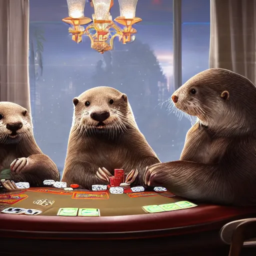 Prompt: otters playing poker, hyper detailed, dramatic lighting, cgsociety, realistic, hyper detailed, insane details, intricate, dramatic lighting, hypermaximalist, golden ratio, rule of thirds, octane render, weta digital, micro details, ultra wide angle, artstation trending, 8 k,