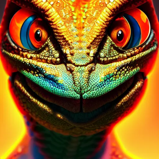 Prompt: close up portrait of an epic young chameleon lizard as a human wizard, pixar style, stylized face, intricate detail, digital painting, glowing orange eyes, vivid color, neon colors, particles floating, background by wlop, artwork by ross tran and liam wong and mike winklemann, trending on artstation