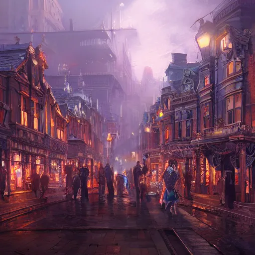 Image similar to victorian city, happy, a lot of people, shiny, 8 k, detailed, concept art, trending on artstation