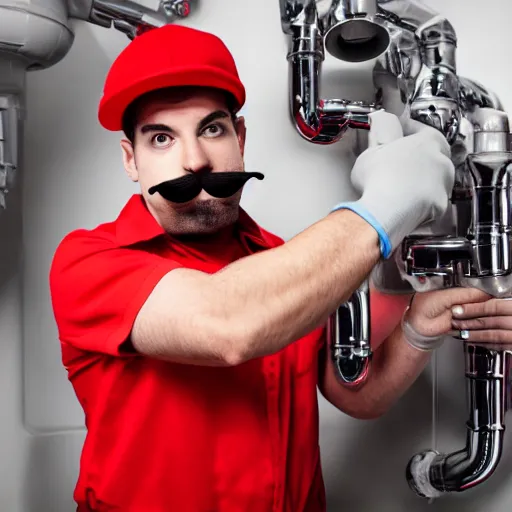 Image similar to an plumber wearing a red outfit and having a moustache and a red hat saying m, cinematography, photography, highly defined features, hdr,