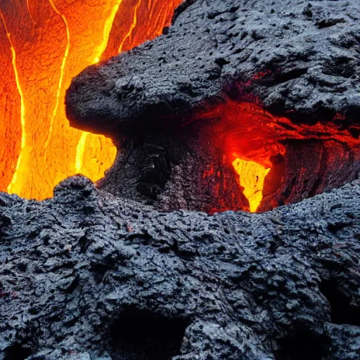 Prompt: head of necoark emerges from a lava lake, cave background, high detail, lava reflections, cave reflecting in the lava lake, dramatic shot