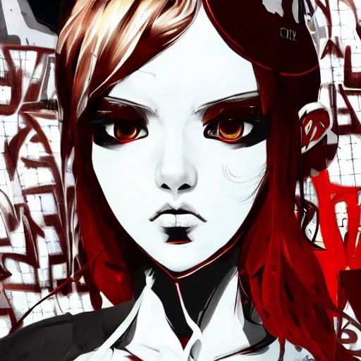 Prompt: highly detailed portrait of a grunge young lady by Loish, Greg Tocchini, Cliff Chiang, 4k resolution, persona 5 inspired, vibrant red,brown, white and black color scheme with graffiti