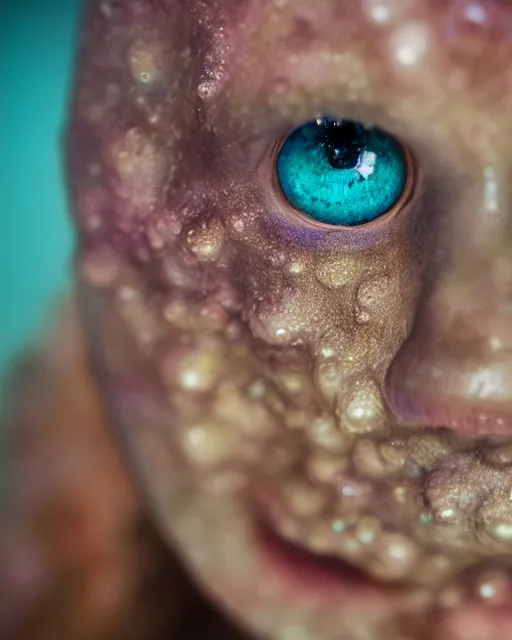 Prompt: detailed eyes, face of an underwater human descendant fishwoman, macro lens, mariana trench, dark, hd, dagon