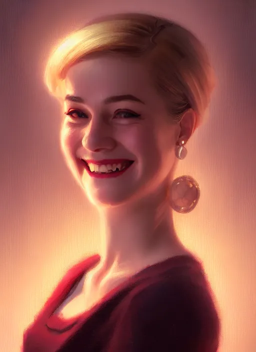 Image similar to portrait of betty cooper, smiling kindly, bangs, 1 9 6 0 s, intricate, elegant, glowing lights, highly detailed, digital painting, artstation, concept art, smooth, sharp focus, illustration, art by wlop, mars ravelo and greg rutkowski