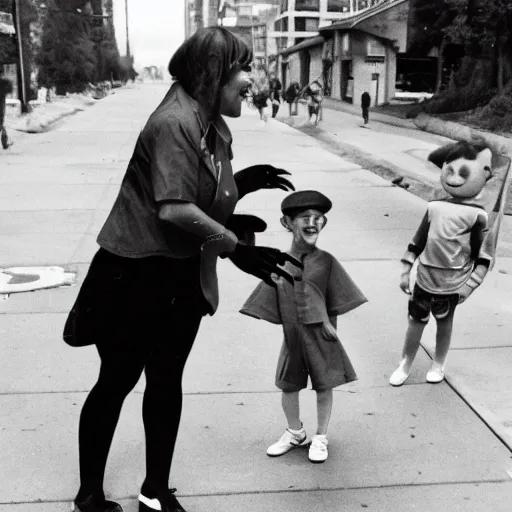 Prompt: an insanely perfect high-quality award winning photo by Helen Levitt of an insanely perfect high-quality small-sized anthropomorphic dinosaur perfectly laughing with kids on an insanely perfect perfect-quality sidewalk