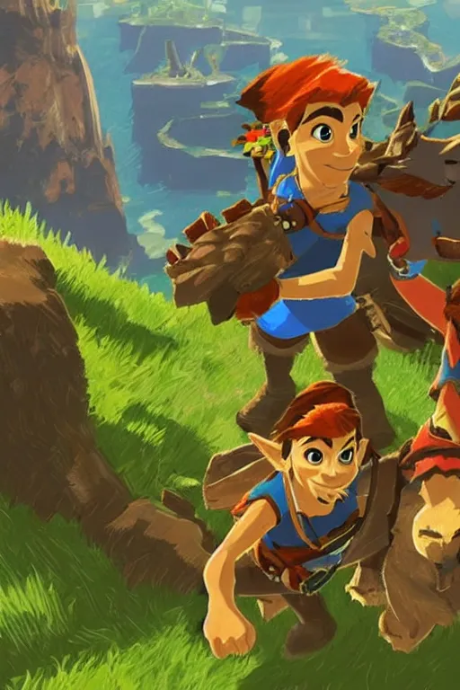 Image similar to an in game portrait of banjo and kazooie from the legend of zelda breath of the wild, breath of the wild art style.