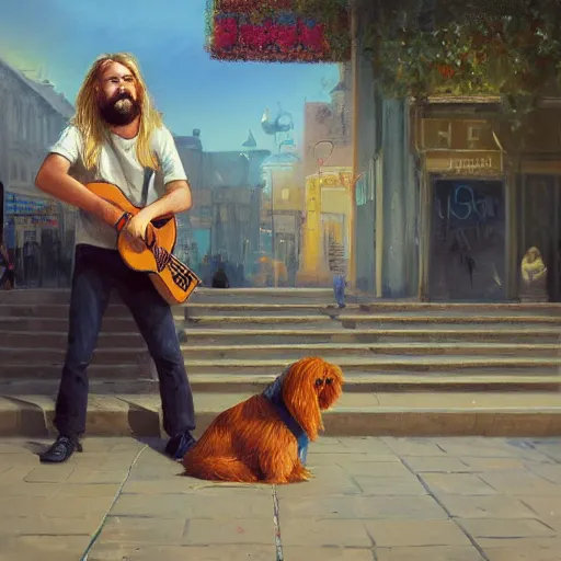 Image similar to oil painting of a young man with long hair blond and a beard hippie style with his golden retrever dog playing guitar in the square for money, people watching around, by greg rutkowski, artstation